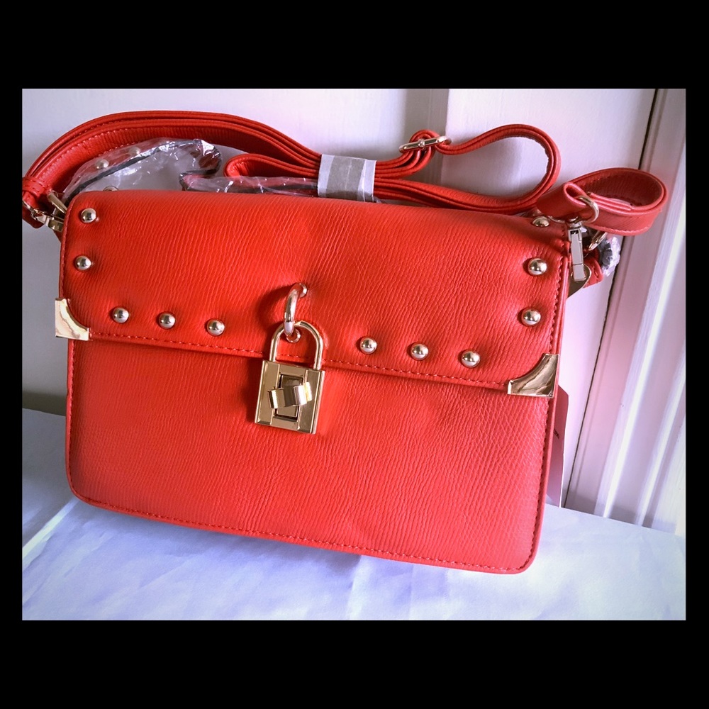 Melie Bianco Maggie Red-Orange Stud Handbag - New